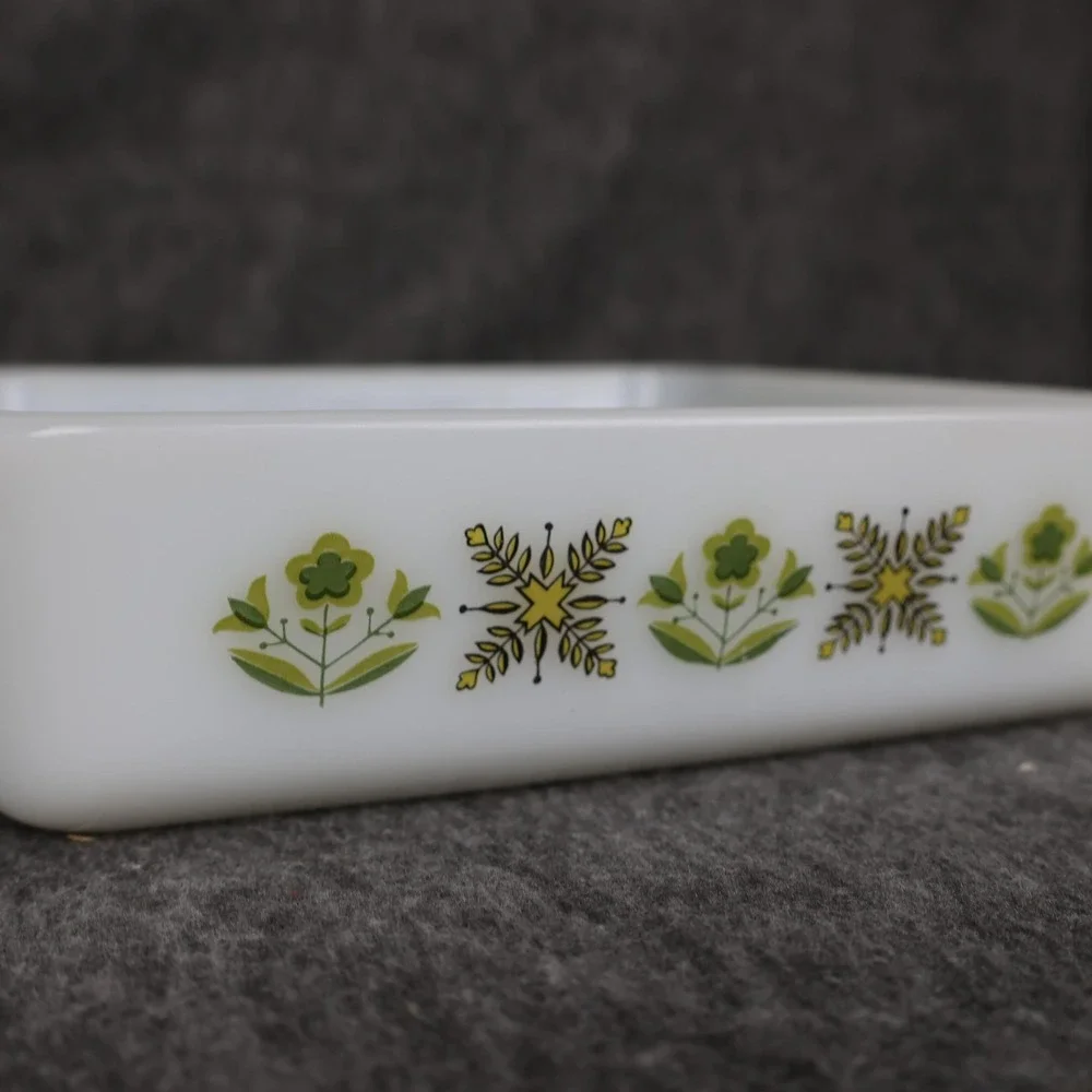 Vintage Fire-King White Glass Baking Dish 8x8 Green Floral Square USA Ovenware
